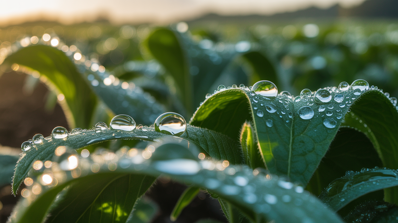 Water droplets on fresh green leaves